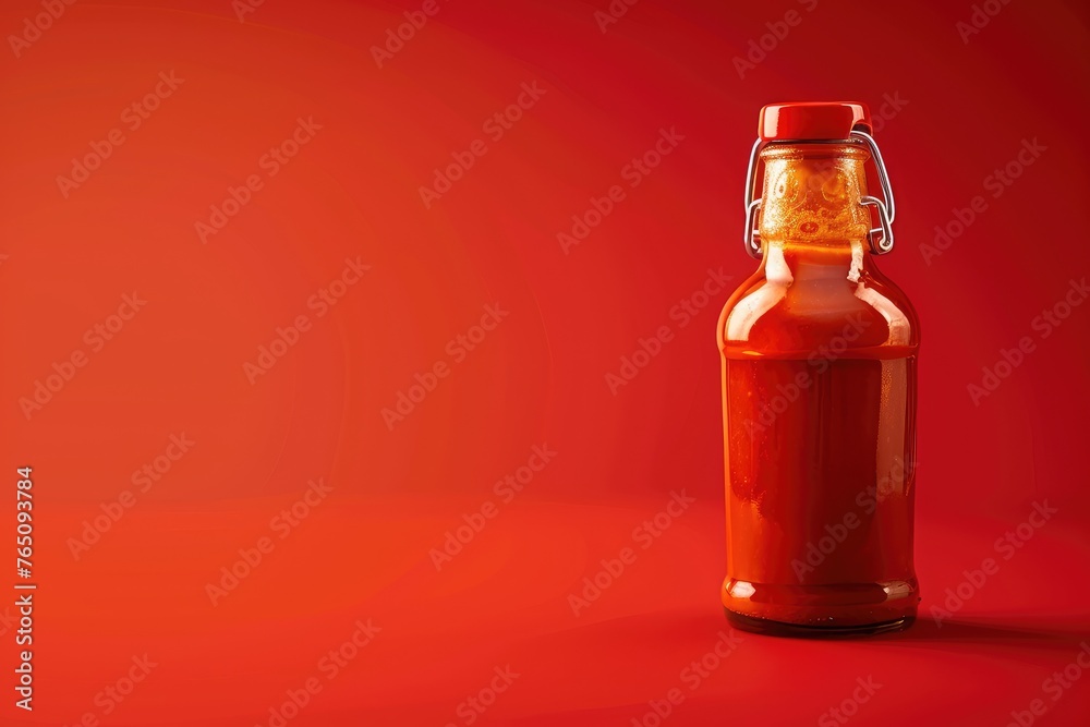 Hot sauce bottle, red background Hot sauce bottle, red background
