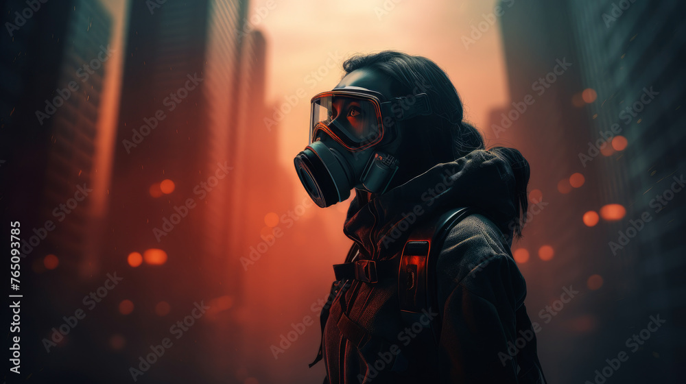A woman in a hazmat suit stands in front of a cityscape. The image has a dystopian feel to it, with the woman's gas mask and the dark, ominous background. Scene is one of fear and uncertainty. PM2.5 A woman in a hazmat suit stands in front of a cityscape. The image has a dystopian feel to it, with the woman's gas mask and the dark, ominous background. Scene is one of fear and uncertainty. PM2.5