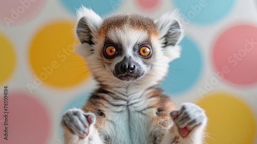  a close up of a small animal on a wall with a polka dot pattern behind it and an orange eyed animal in the middle of the photo. photo