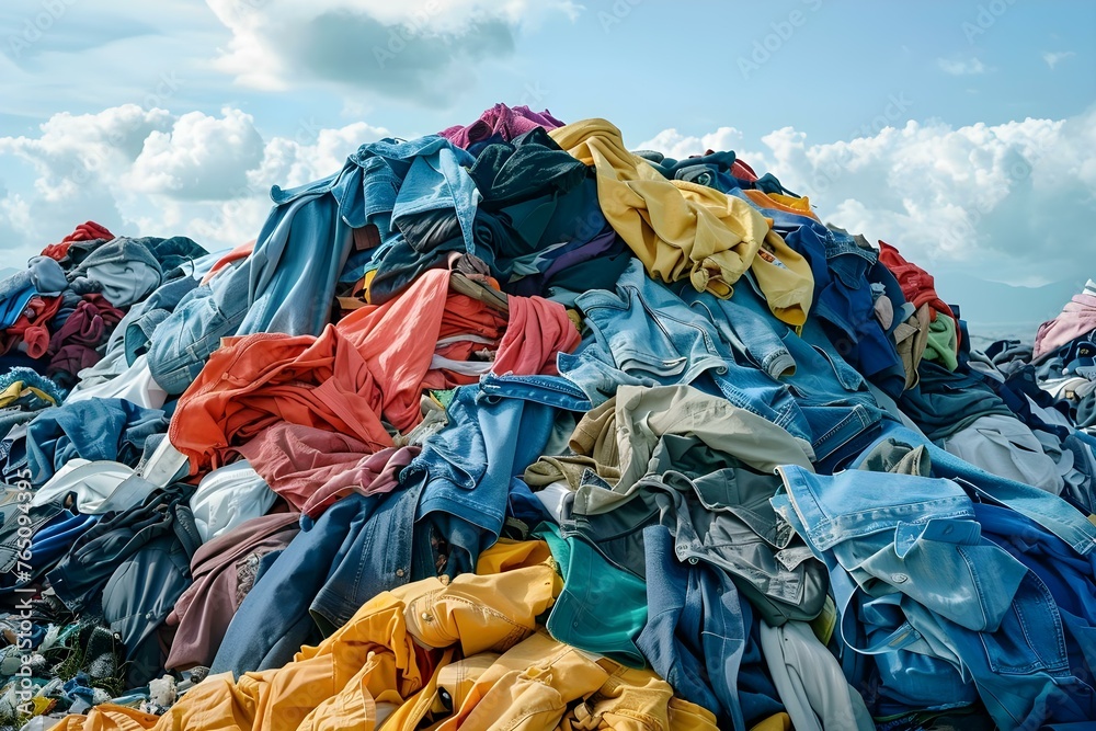 Discarded Clothing in Landfill: A Reflection of Fast Fashion and Sustainability Issues. Concept Fast Fashion, Landfill Waste, Sustainable Fashion, Environmental Impact, Clothing Consumption