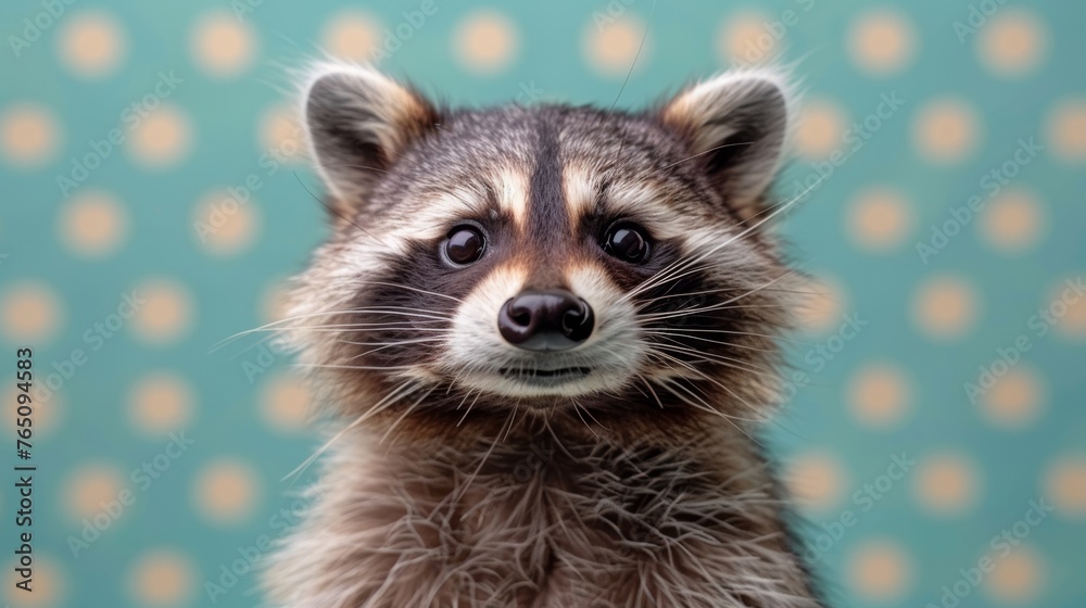  a close up of a raccoon's face with a polka dot wallpaper in the back ground.