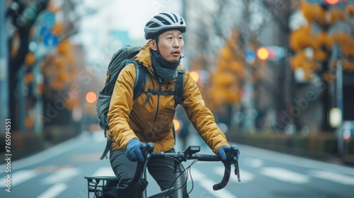 Asian men are cycling road bike in downtown. Urban transport and mobility