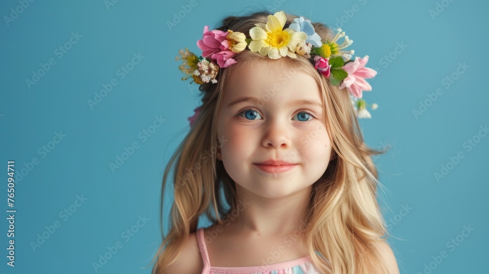 Adorable blond little girl wearing flowers in her hair. Isolated on blue background