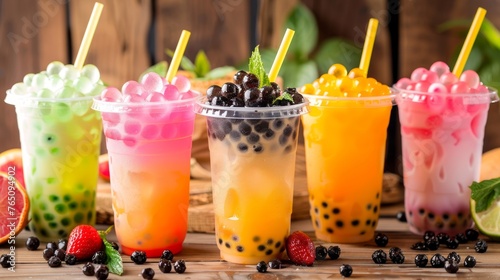 Assorted Bubble Teas in Vibrant Cups: Colorful and Flavorful Refreshments