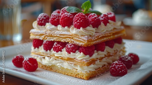  a white plate topped with a stack of cake covered in whipped cream and raspberries next to a glass of water.