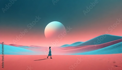 Woman walking on a pink sand desert with a large pink moon in the background photo