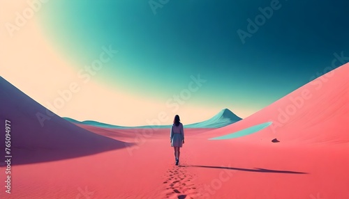 Woman walking on a pink sand desert