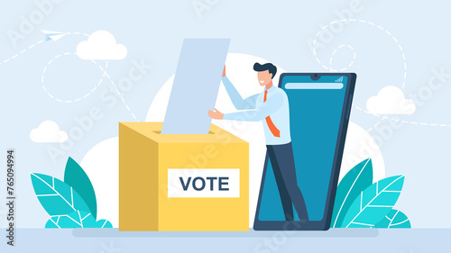 A tiny man votes through the phone, casts his vote into the ballot box. Smartphone with voting app on the screen. Vote ballot box. Election concept. Democracy, Freedom of speech. Flat illustration