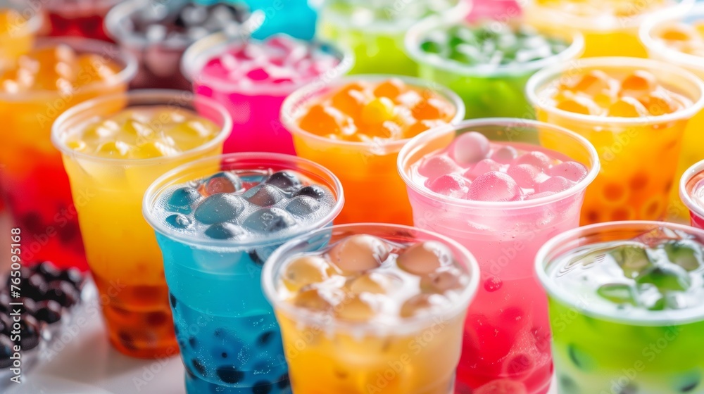 Fototapeta premium Assorted Bubble Teas in Vibrant Cups: Colorful and Flavorful Refreshments