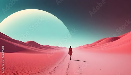 Woman walking on a pink sand desert with a large pink moon in the background © sanart design