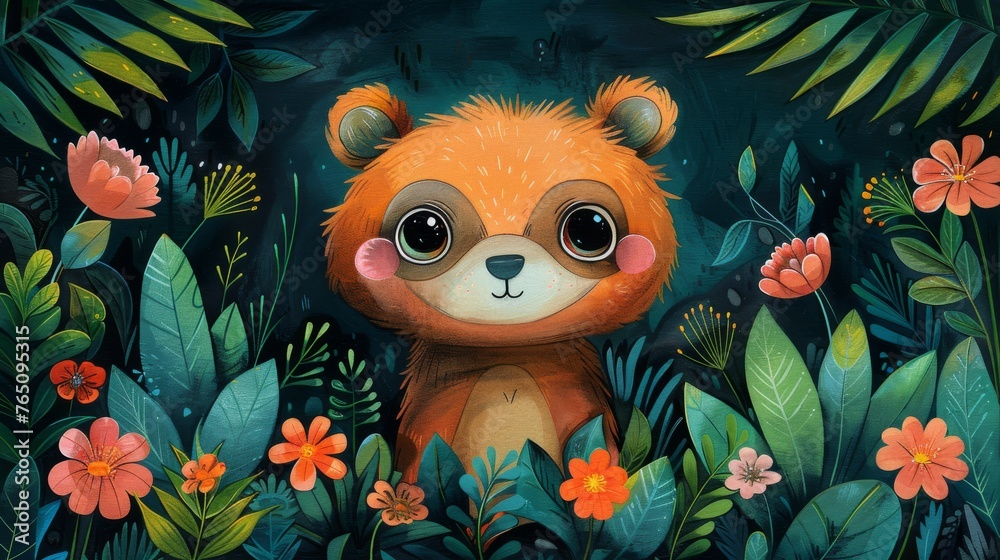 a painting of a brown teddy bear surrounded by flowers and greenery on a dark green background with pink and orange flowers. a painting of a brown teddy bear surrounded by flowers and greenery on a dark green background with pink and orange flowers.