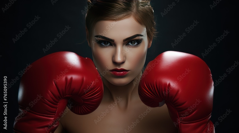 Portrait of a confident athlete woman posing in red boxing gloves isolated over black background. Concentrated face portrait.
