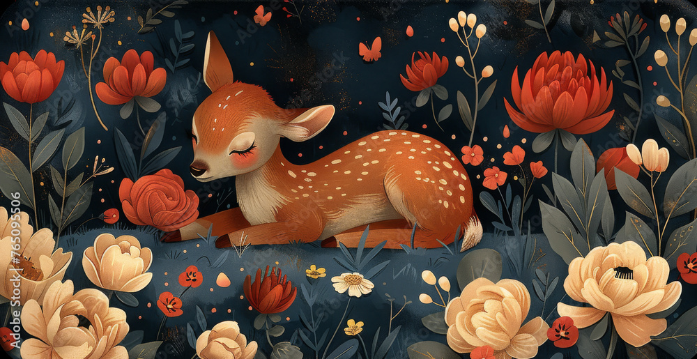 Fototapeta premium a painting of a deer laying down in a field of flowers with a black background and a dark background with red, orange, yellow and white flowers.