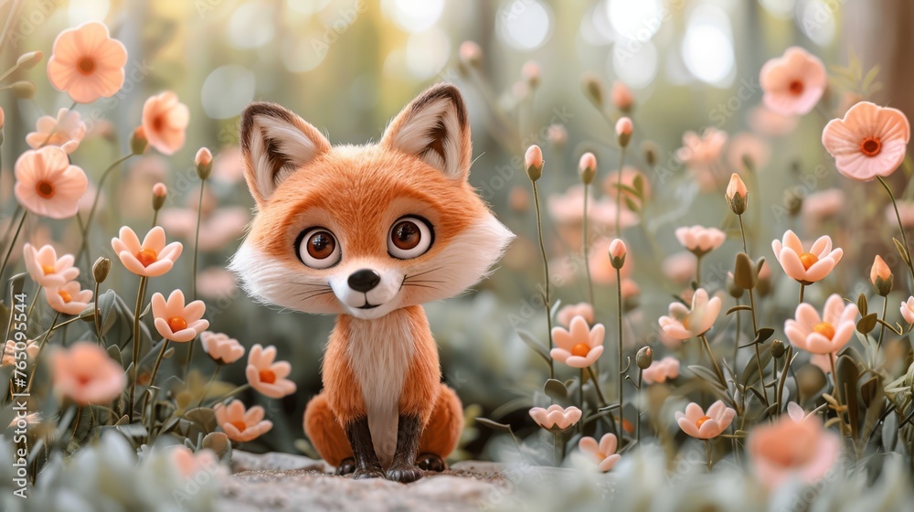 Fototapeta premium a red fox sitting on top of a rock in the middle of a forest filled with pink and orange flowers.
