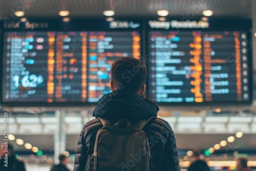 An image depicting a man checking his flight on the timetable display at the airport. 