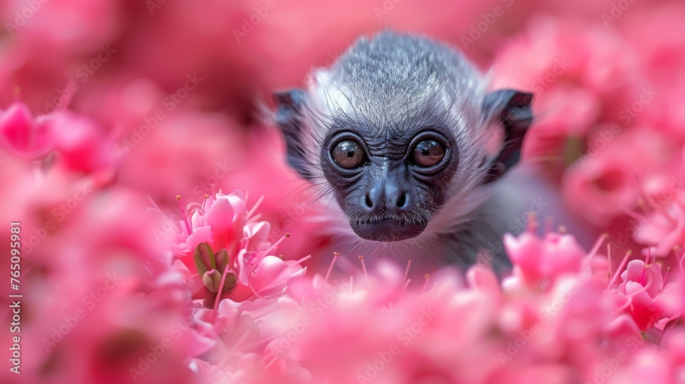 a close up of a monkey in a field of pink flowers with a surprised look on it's face. a close up of a monkey in a field of pink flowers with a surprised look on it's face.