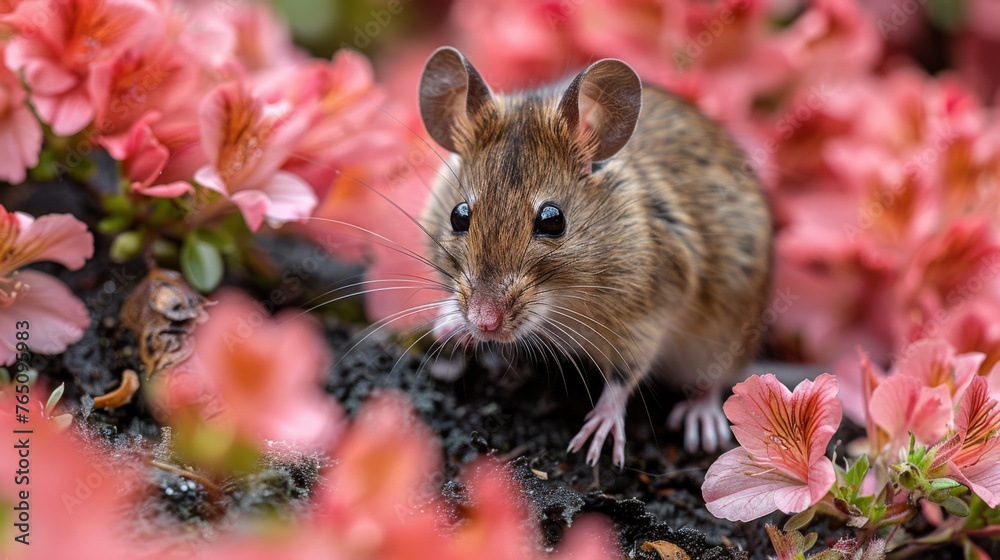 a close up of a small rodent in a field of flowers with one eye on the rodent and the other eye on the rodent. a close up of a small rodent in a field of flowers with one eye on the rodent and the other eye on the rodent.