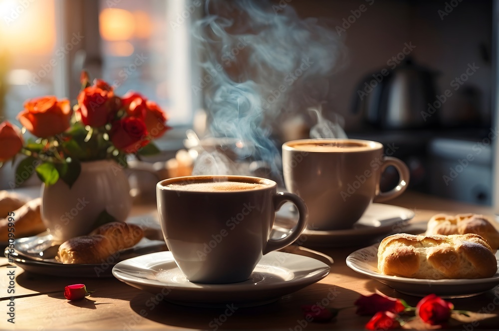 Morning Breakfast Spread Featuring Fresh Coffee, Pastries, and Roses at Sunrise Morning Breakfast Spread Featuring Fresh Coffee, Pastries, and Roses at Sunrise