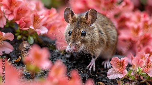  a close up of a small rodent in a field of flowers with one eye on the rodent and the other eye on the rodent.