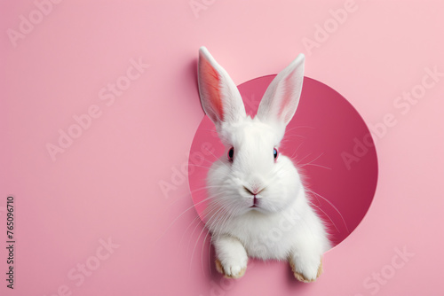 White Easter bunny rabbit peeping out from the hole on pink background
