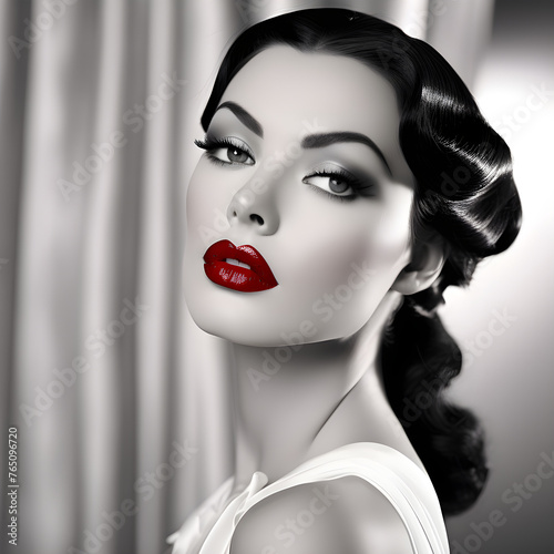 Classic Hollywood-inspired makeup look featuring intense red lipstick and cascading long black hair. Generative AI.