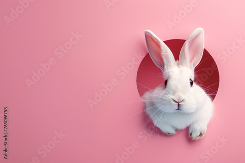 White Easter bunny rabbit peeping out from the hole on pink background. generative ai © Sunday Cat Studio