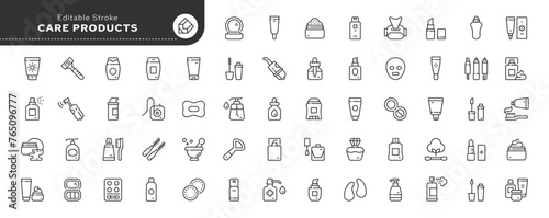 Care products and cosmetics line icon set. Cream, shampoo, hairspray, lipstick, eye shadow, perfume and more. Outline icon collection. Conceptual pictogram