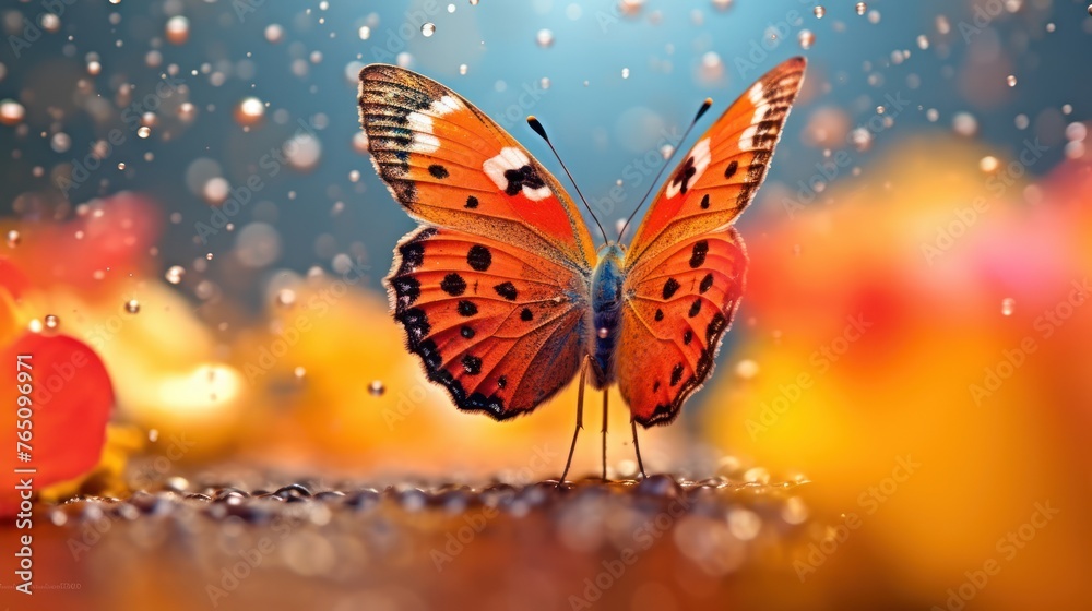 close up view of colorful butterfly on the flower with water drops background