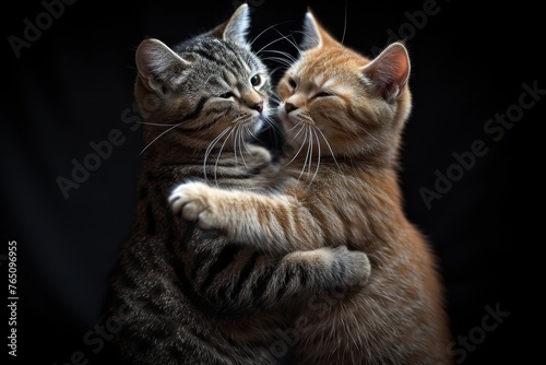Two Felidae carnivores  small to mediumsized cats  are hugging each other against a black background. Their whiskers and fur stand out in the darkness  showcasing a heartwarming feline event