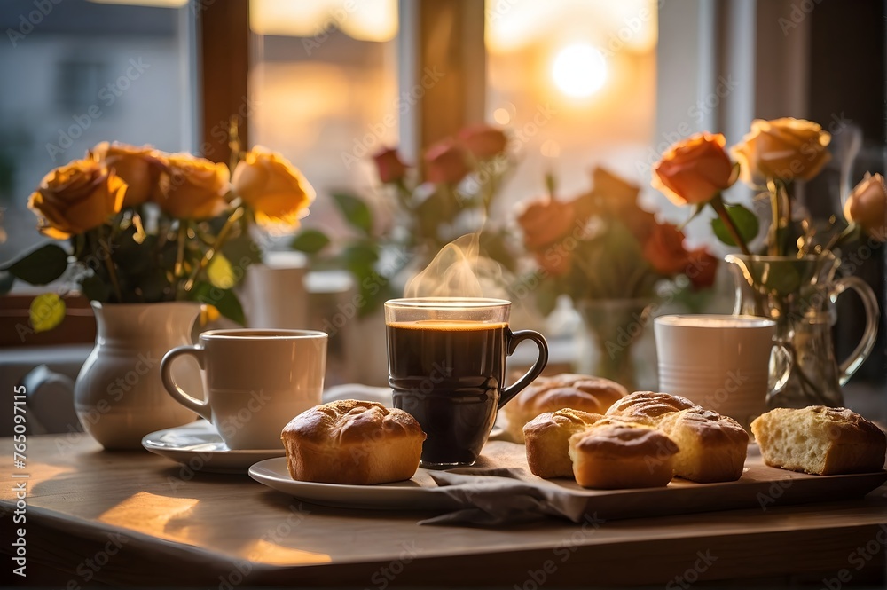 Morning Breakfast Spread Featuring Fresh Coffee, Pastries, and Roses at Sunrise Morning Breakfast Spread Featuring Fresh Coffee, Pastries, and Roses at Sunrise