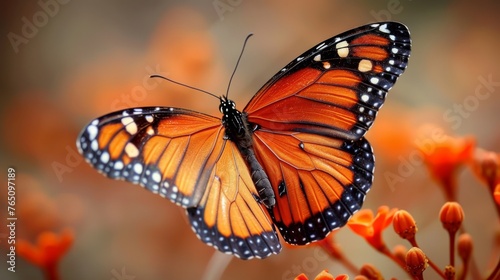  a close up of a butterfly on a plant with orange flowers in the foreground and a blurry background. © Shanti