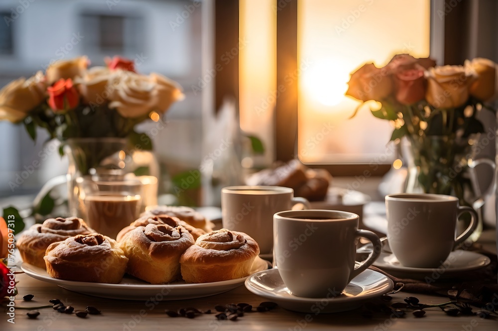 Morning Breakfast Spread Featuring Fresh Coffee, Pastries, and Roses at Sunrise Morning Breakfast Spread Featuring Fresh Coffee, Pastries, and Roses at Sunrise
