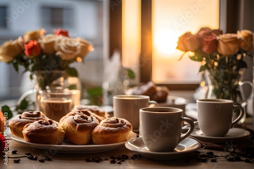 Wallpaper Mural Morning Breakfast Spread Featuring Fresh Coffee, Pastries, and Roses at Sunrise Torontodigital.ca