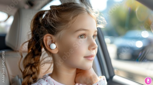 Hearing Aid in Young Girls Ear. Toddler girl wearing hearing aid. © PaulShlykov