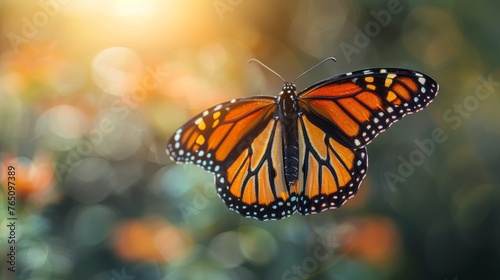  a close up of a butterfly flying in the air with blurry boke of the sun in the background. © Shanti