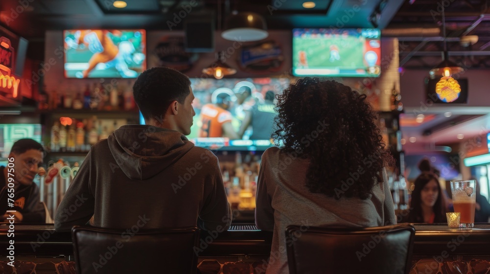 People at sports bar, watching game, enjoying drinks, lively ambiance. Friends gather at a bar, engrossed in an exciting sports game.