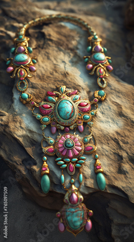 An intricate necklace featuring turquoise gemstones and vibrant pink gems