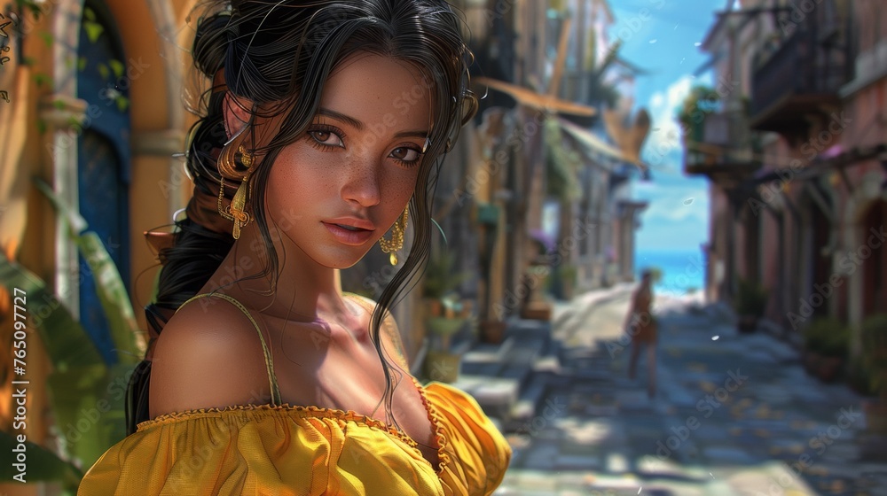 A woman in a yellow dress standing on the street, AI A woman in a yellow dress standing on the street, AI