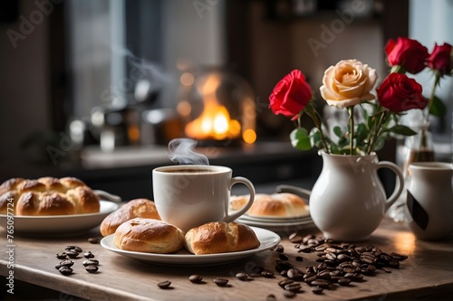 Morning Breakfast Spread Featuring Fresh Coffee, Pastries, and Roses at Sunrise