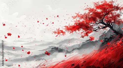 a painting of a red tree in the middle of a snowy landscape with red leaves falling off of it's branches.