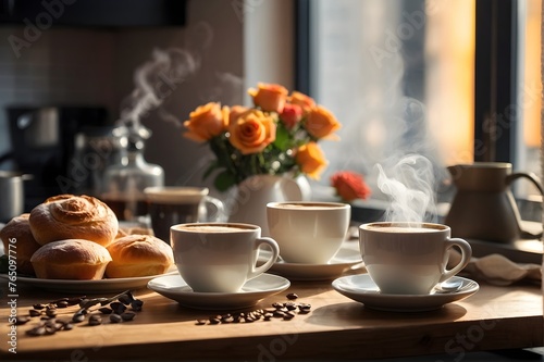 Morning Breakfast Spread Featuring Fresh Coffee, Pastries, and Roses at Sunrise