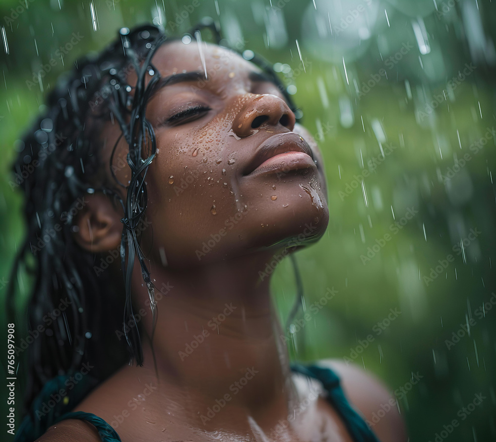 Beautiful Black Woman Enjoying Summer Rain in Nature. Beautiful Black Woman Enjoying Summer Rain in Nature.