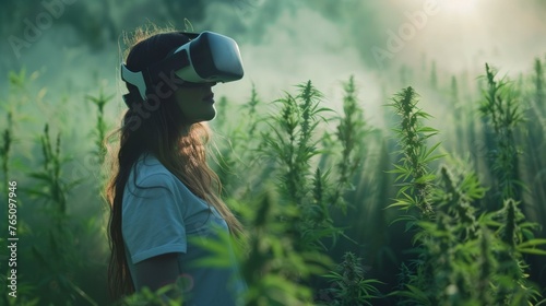 A woman wearing virtual reality glasses in a field of marijuana, AI