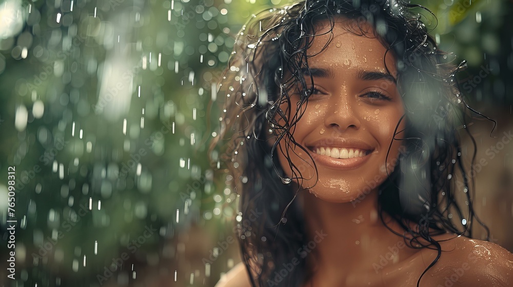 Beautiful Latina Woman with Happy and Serene Expression Enjoying Summer Rain in Nature. Beautiful Latina Woman with Happy and Serene Expression Enjoying Summer Rain in Nature.