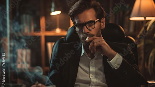 elegant man smocking cigarette in the office, man in the smoke, elegant man in the office, smoker in office photo