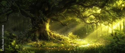  A photograph capturing a lush forest under the warm rays of the sun, featuring a tranquil stream in the foreground © Wall