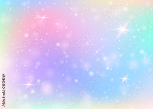 Fairy background with rainbow mesh. Trendy universe banner in princess colors. Fantasy gradient backdrop with hologram. Holographic fairy background with magic sparkles, stars and blurs.