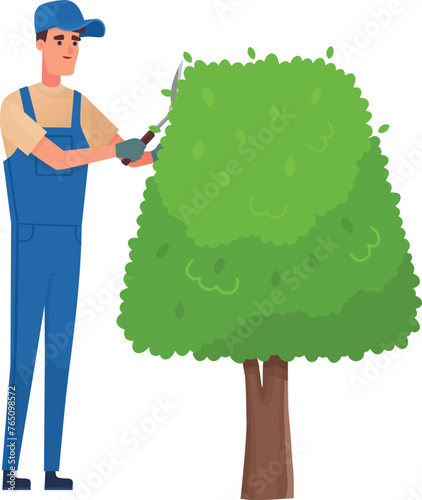 Gardener cutting plant brunches. Man trimming tree