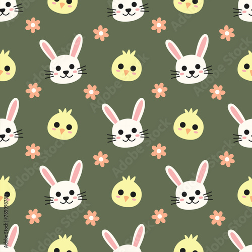 Easter Bunny and Easter Chick Heads on Olive Green Seamless Pattern