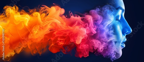  A rainbow-shaped cluster of colored smoke on a dark background with a blue backdrop